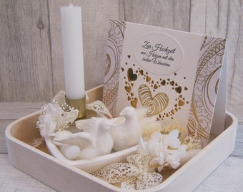 Plateau cadeau de mariage avec bol coeur, colombes, bougie bâton et carte