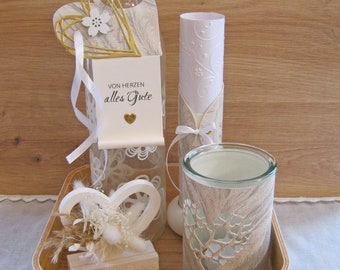 Money gift tray with glass light, scroll, bottle pendant and ceramic heart with bouquet (WITHOUT bottle)