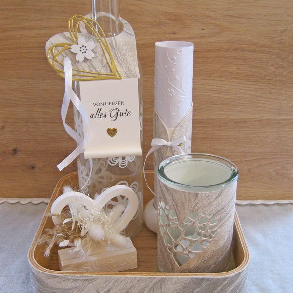 Money gift tray with glass light, scroll, bottle pendant and ceramic heart with bouquet (WITHOUT bottle)