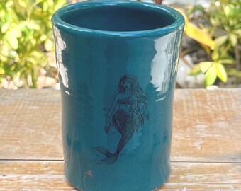 Handcrafted Mermaid Pottery Cup: Wheel Thrown Stoneware Tumbler