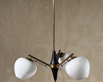 Mid-Century three-arm chandelier in Stilnovo style from the 50s in opal glass and brass