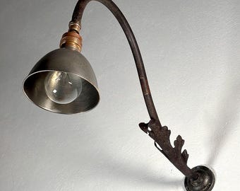 Vintage Art Nouveau industrial wall lamp from the early 1900s in iron and nickel-plated brass