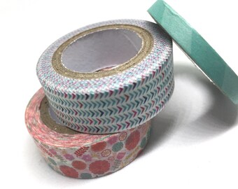Washi Tape - set of 3 - floral, chevron, diagonal stripe - green - red - coral - Recollections