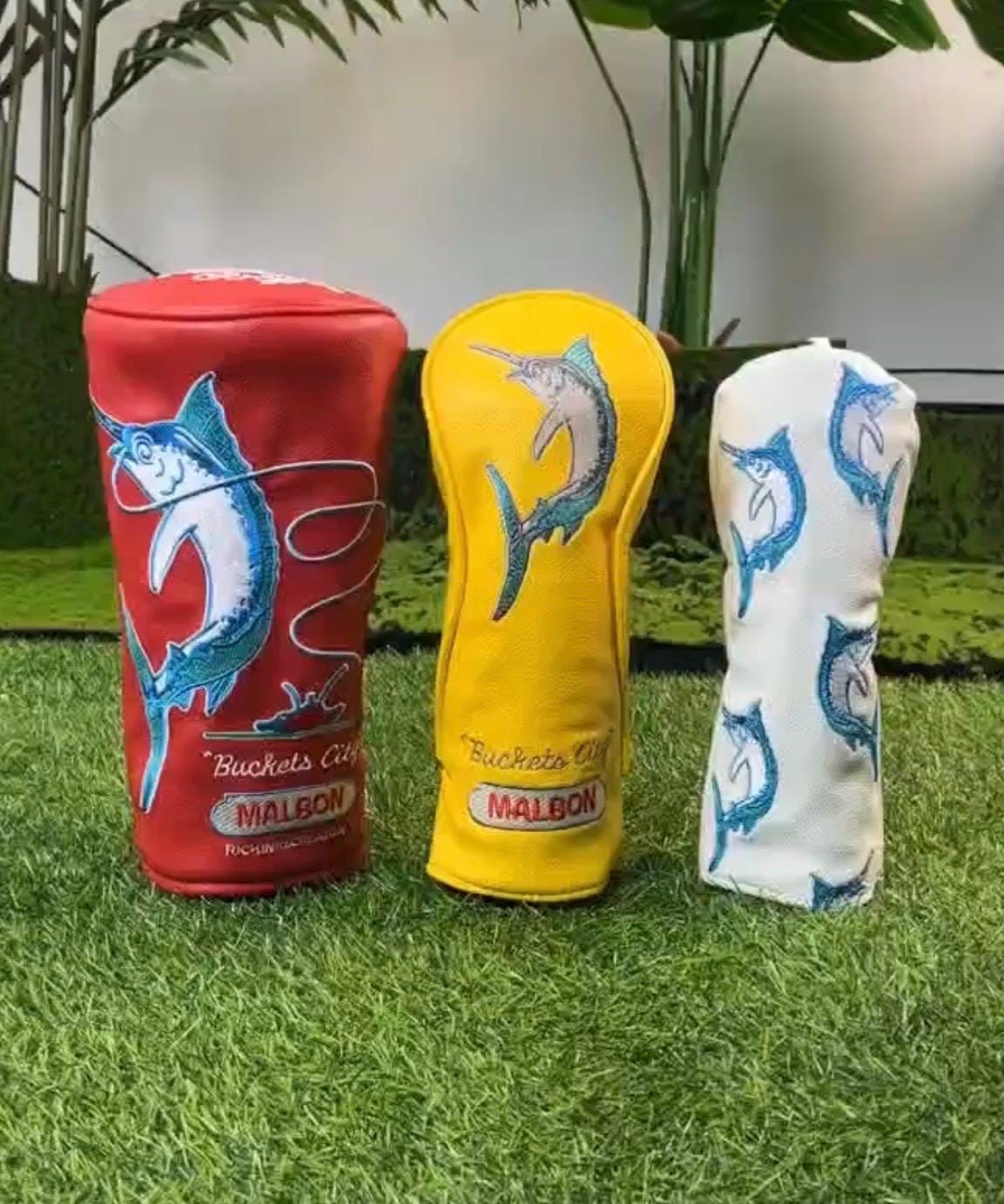 Malbon Golfschläger-Kopfbedeckungen – „Buckets City“ Premium-Leder mit gesticktem Marlin-Angel-Design – Geschenke für Papa – Geschenke für Golfer