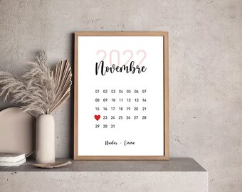 Affiche + Cadre personnalisé couple avec Calendrier de la date de rencontre + Prénoms