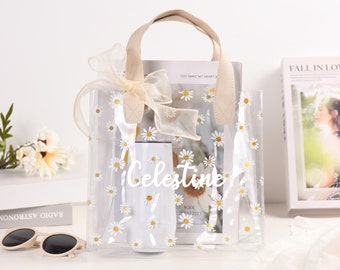 Customized transparent gift bags,Plastic gift tote bags,Daisy pattern gift bags,Bridesmaid gift bags, Wedding gift bags,Birthday gift bags