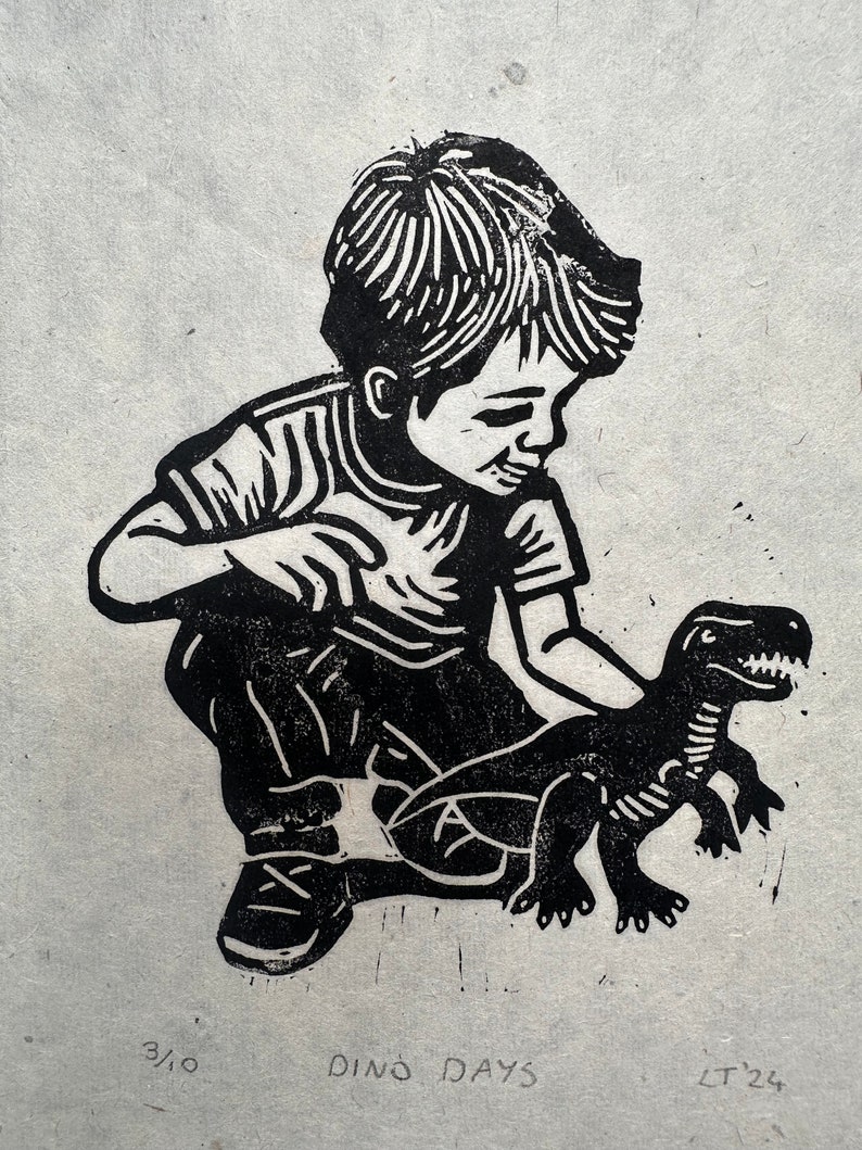 Linocut “DINO DAYS”, Lino Print Wall Poster, Handmade, Signed Limited ...