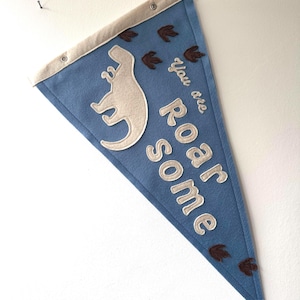 Neutral ‘roarsome’ dinosaur nursery room decor Jurassic park felt pennant boys personalised T-Rex dino themed kids playroom banner flag