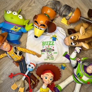 Puede incluir: Una colección de personajes de Toy Story, incluyendo Buzz Lightyear, Woody, Jessie, Slinky Dog, Rex y Hamm. Los personajes están dispuestos sobre un fondo blanco con un diseño bordado verde y blanco que dice "Buzz" y "Toy Story" con el año 1995.