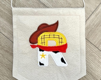 Personalised ‘R’ letter woody felt wall hanging, nursery/children’s decor, western Toy Story bunting, kids rodeo wall art cowboy Felt banner