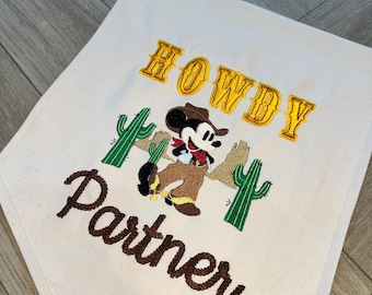 Playroom Howdy Partner Cowboy Mickey Mouse themed wall hanging banner. Personalised Disney Western nursery/ children’s room decor