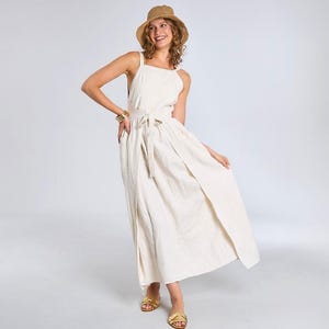 Linen Apron Dress: Japanese Pinafore Wrap Maxi Dress with Pockets