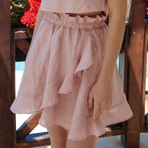 Ruffle Linen Mini Skirt: High Waist Pink Cottagecore Clothing