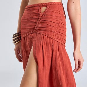 Boho Cotton Gauze Maxi Skirt: High Waisted Slit Festival Skirt