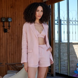 Pink Suit Set, 100% Natural Washed Linen Short Blazer Sets, Woman 3 Piece Suit, Vintage Summer Clothing, Matching Set, Sports Bra