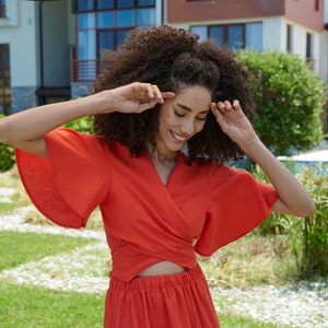 Linen Wrap Top: Reversible 90s Kimono Blouse with Bell Sleeves