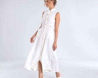 White Linen Midi Dress: Sleeveless A-Line Boho Sundress