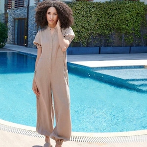 Linen Harem Jumpsuit: Boho Summer Overalls with Pockets