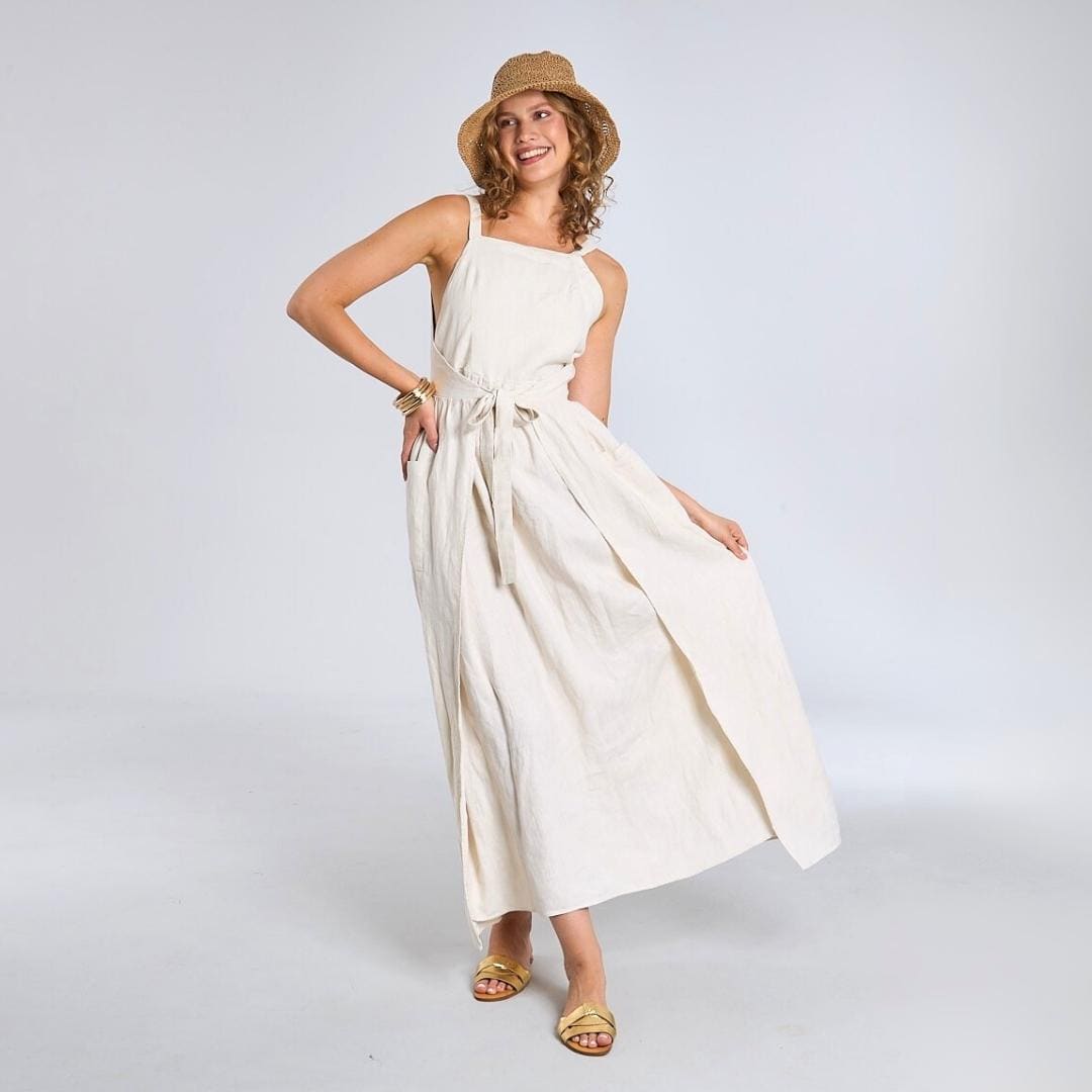 Linen Apron Dress: Japanese Pinafore Wrap Maxi Dress with Pockets