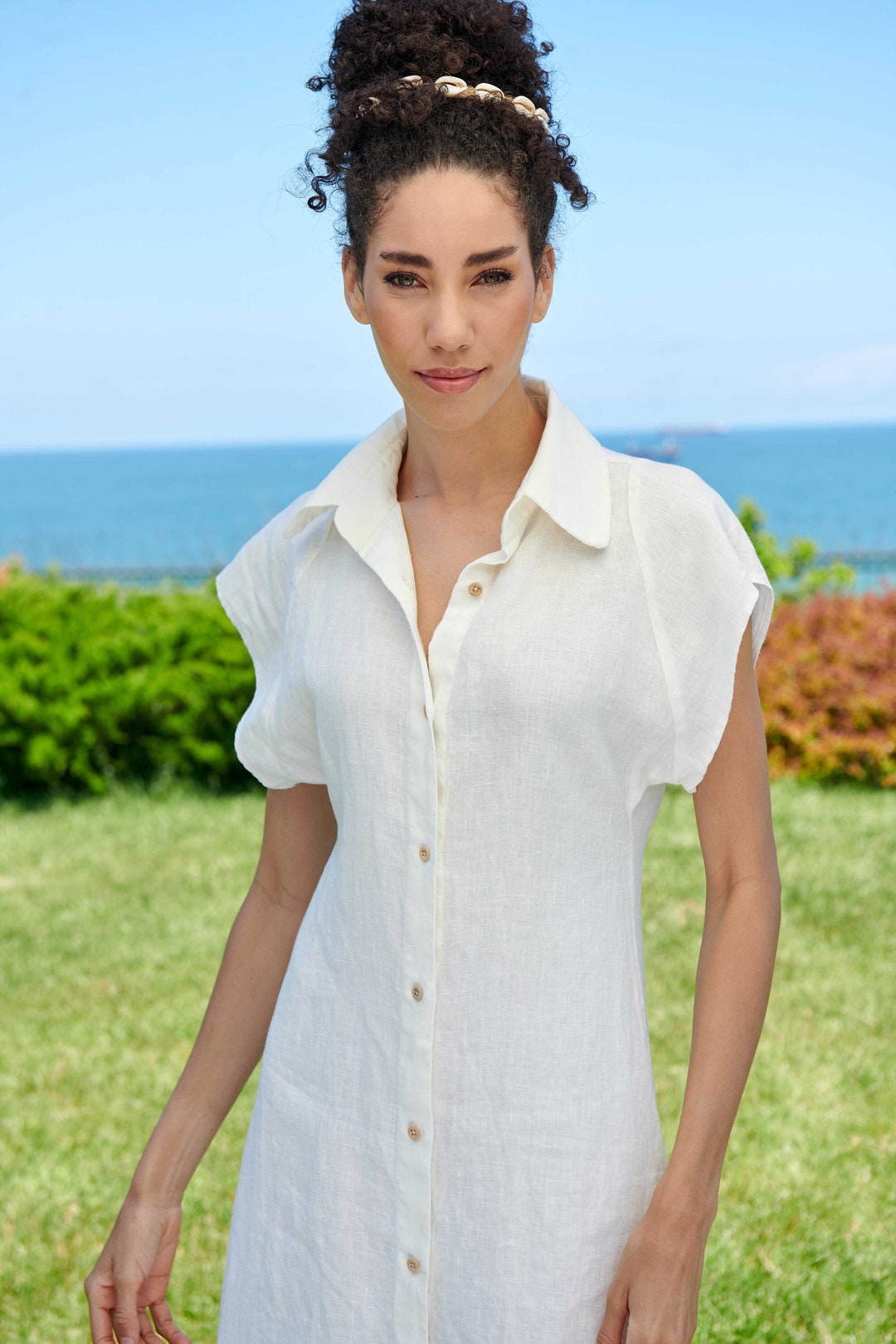 White Linen Midi Shirt Dress Short Sleeve Buttondown Summer Dress Etsy — free download