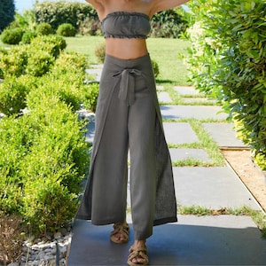 Thai Wrap Pants, %100 Washed Linen Festival Clothing, Hippie Boho Style Wear, Beach Cover Up, Plus Size Flowy Wide Leg Fisherman Trousers