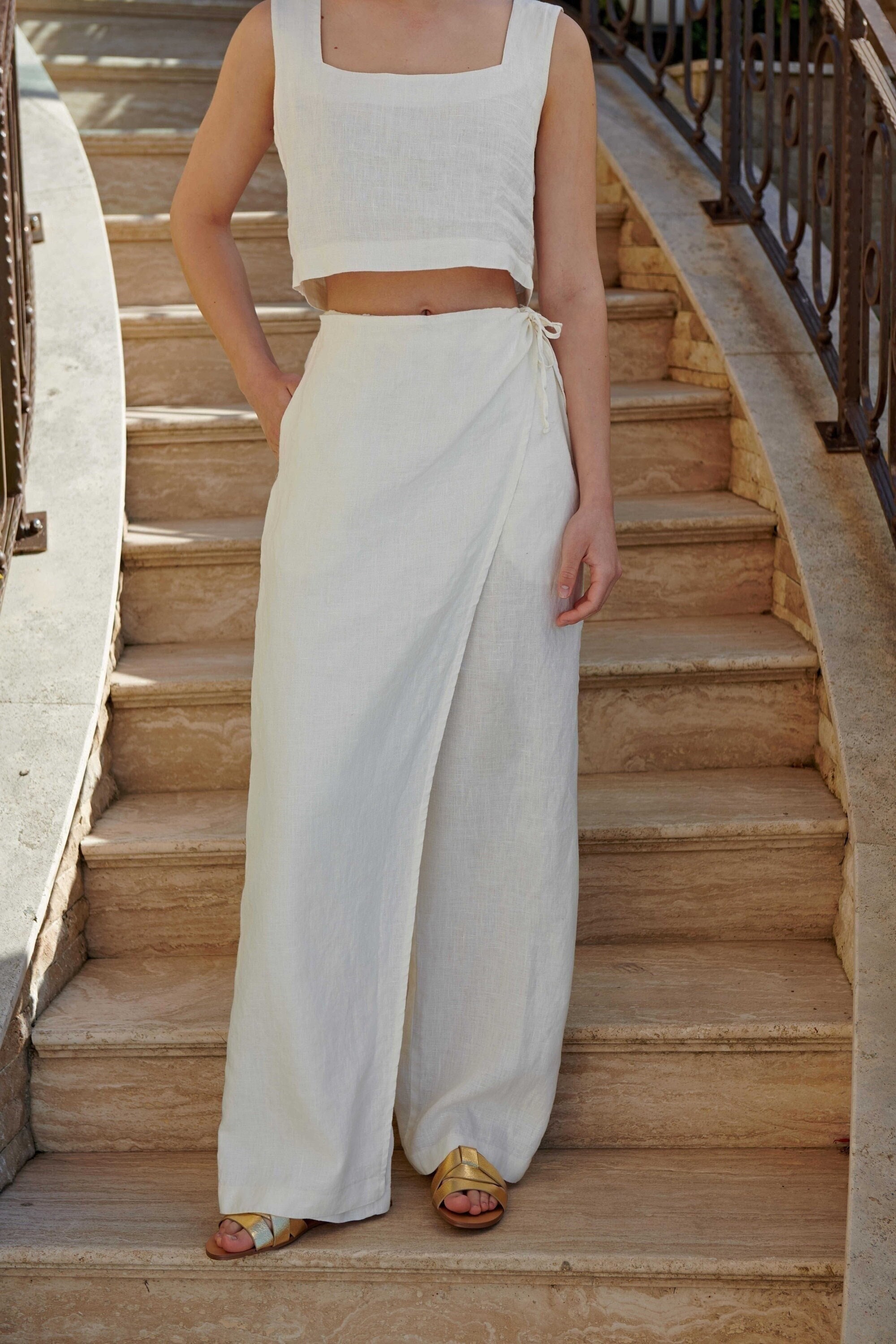 【in a row】Linen Span Skirt Pants Comfortable Baggy Linen Skirt Trousers, Wrap Around Super