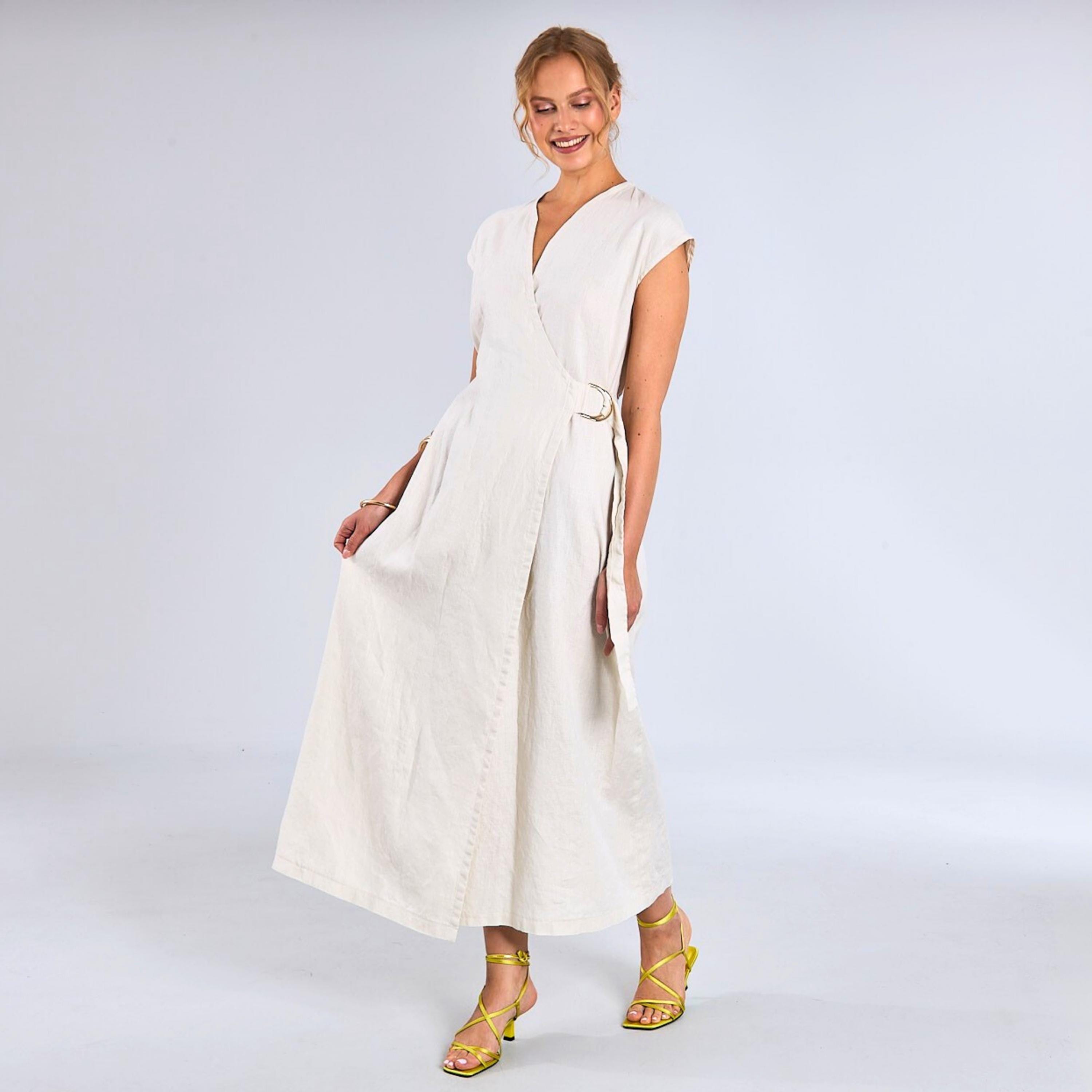 Linen Wrap Dress, Maxi Summer Kimono Belted Wrap Dress, Midi Wedding Guest Loose Nature Dresses, Long Ivory Washed Casual Sleeveless Dress