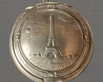 1904 Art Nouveau Vintage Poudrier / Power compact / Medaillon / Pocket Mirror: Zeppelin & Eiffel Tower - Rare Find