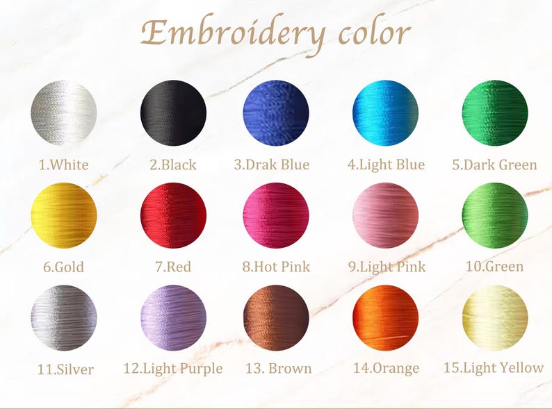 May include: A color chart displaying embroidery thread colors. The text "Embroidery color" is at the top. Fifteen color swatches are arranged in rows, each with a number and color name, including white, black, blue, green, gold, red, pink, and yellow.