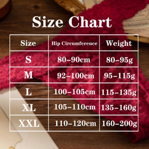 May include: A size chart with the title "Size Chart" in white text. The chart has five rows labeled S, M, L, XL, and XXL. The chart shows hip circumference in centimeters and weight in grams for each size.