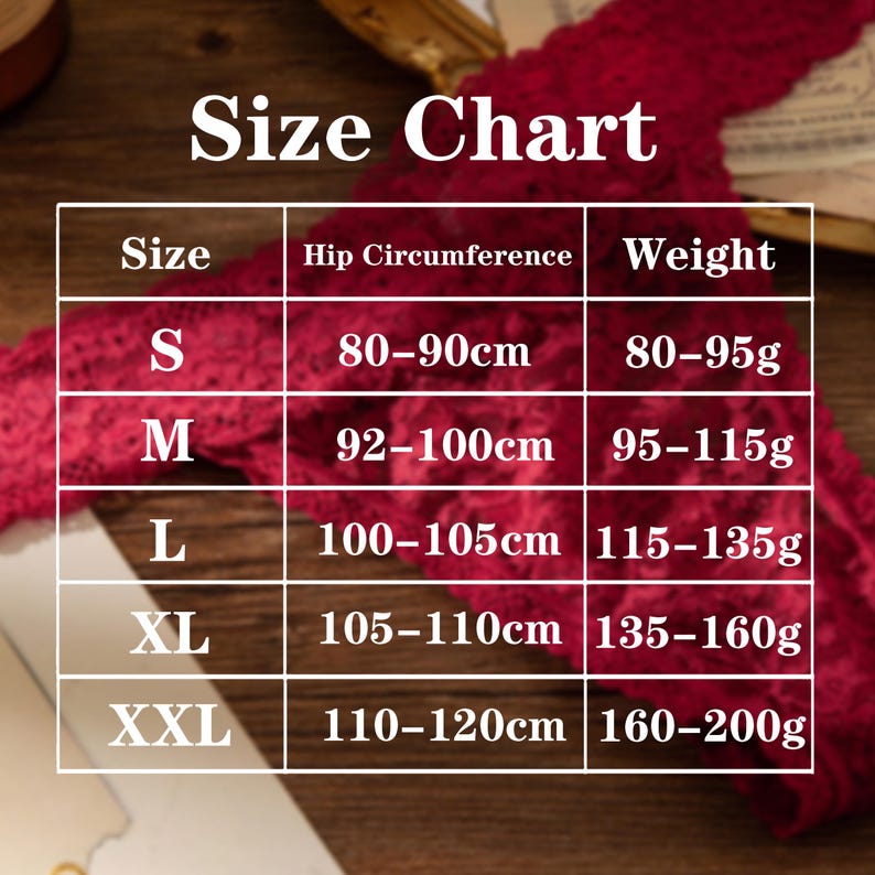 May include: A size chart with the title "Size Chart" in white text. The chart has five rows labeled S, M, L, XL, and XXL. The chart shows hip circumference in centimeters and weight in grams for each size.