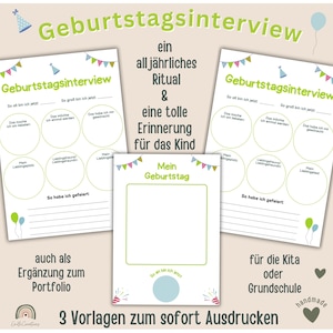 Könnte beinhalten: Drei druckbare Geburtstagsinterview-Blätter mit grünen und blauen Akzenten. Die Blätter enthalten Ausfüllfelder für Erinnerungen und Favoriten, mit Text auf Deutsch. Die Blätter sind für Kinder konzipiert.