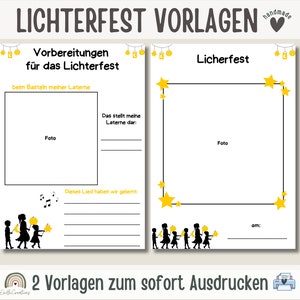 Puede incluir: Dos plantillas imprimibles para una celebración de Lichterfest. La primera plantilla tiene espacio para una foto, una sección para describir la linterna y un espacio para escribir una canción. La segunda plantilla tiene espacio para una foto y una sección para escribir la fecha. Ambas plantillas presentan una silueta negra de niños que llevan linternas.