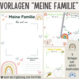 May include: Four printable templates for creating a family portrait. Each template features a different design with a rainbow, butterfly, or bee. The text "Meine Familie" (My Family) appears on each template.