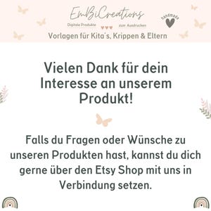 May include: A digital product announcement with a pink background and butterflies. The text reads "EmBiCreations", "Digital Products", "to print", "handmade", "Templates for daycare, nurseries & parents", "Thank you for your interest in our product!" and "If you have any questions or requests for our products, you can contact us via the Etsy shop."