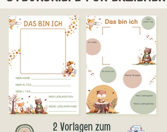 May include: Two printable templates for a child's "About Me" page. The templates feature a woodland theme with illustrations of foxes, owls, and bears. The text on the page reads "Das bin ich" and "Steckbriefe für Erzieher".