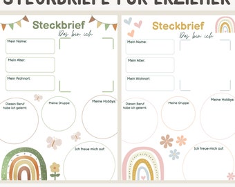 2 Steckbriefe für Erzieher | Steckbrief Kita | Vorlage Erzieher Krippe | Steckbrief Krippe | Portfolio Kindergarten | Vorlage für Erzieher