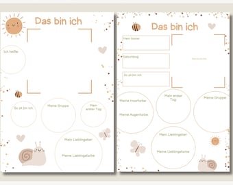 May include: Two printable templates for kids to fill out with information about themselves. The templates feature a sun, a bee, a snail, and a butterfly. The text on the templates reads "Das bin ich" which means "This is me" in German.