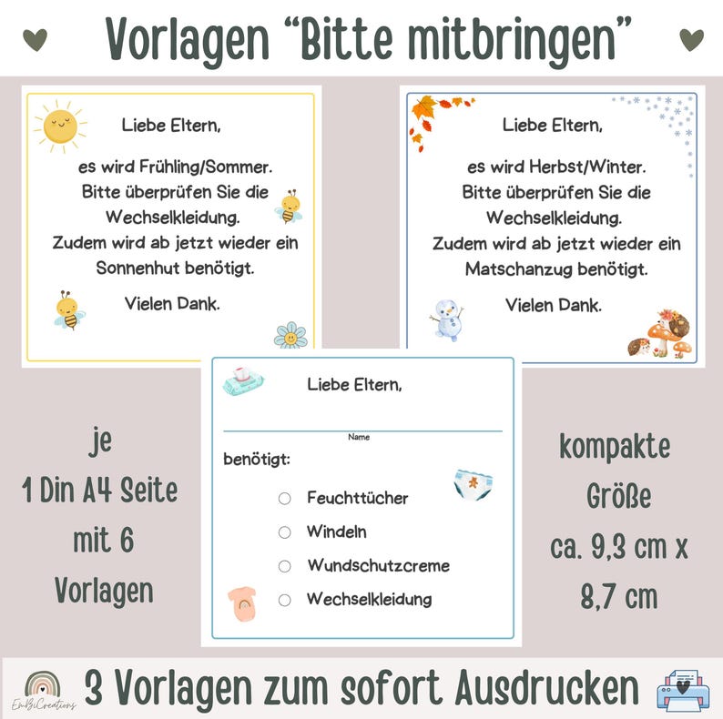 May include: Three printable templates for a child care center or school. The templates are designed for parents to check off items to bring for their child. The templates are for spring/summer, fall/winter, and a general list of items. The templates are 9.3 cm by 8.7 cm.