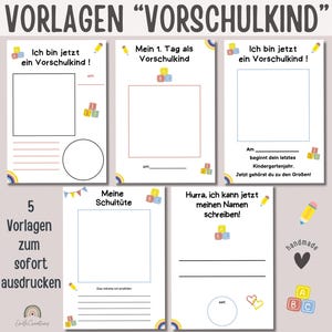 Puede incluir: Cinco plantillas imprimibles para niños de preescolar, con ilustraciones coloridas de bloques de construcción, lápices y una mochila escolar. Las plantillas incluyen indicaciones como "Mi primer día como preescolar" y "¡Ahora puedo escribir mi nombre!"