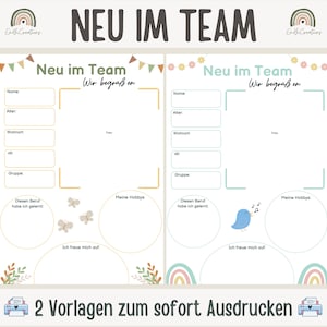 Könnte beinhalten: Zwei druckbare Willkommensvorlagen für neue Teammitglieder. Jede Vorlage verfügt über ein farbenfrohes Regenbogen-Design, einen Platz für ein Foto und Abschnitte für persönliche Informationen, Hobbys und eine Willkommensnachricht.