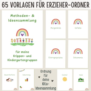 May include: A set of 65 printable templates for an educator's binder. The templates feature colorful rainbows and text in German. The text includes "Methoden & Ideensammlung" and "für meine Krippen- und Kindergartengruppen".