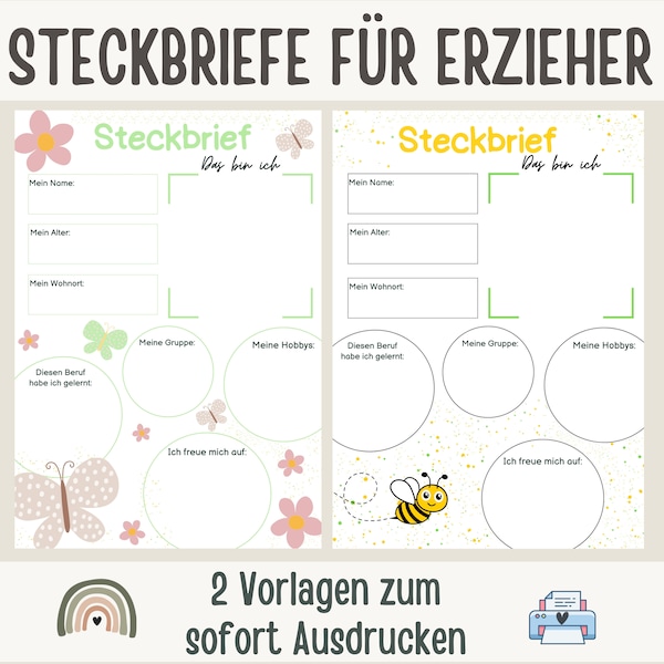 2 Steckbriefe für Erzieher | Steckbrief Kita | Vorlage Erzieherinnen Krippe | Steckbrief Krippe | Steckbrief Kindergarten | Vorlage Erzieher