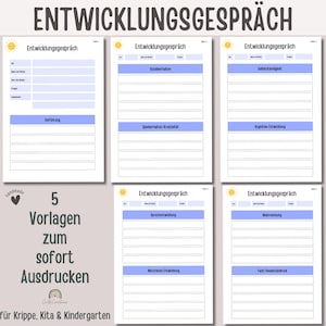 Könnte beinhalten: Fünf druckbare Vorlagen für Entwicklungsgespräche mit Kindern. Jede Vorlage hat eine blaue Kopfzeile mit dem Text "Entwicklungsgespräch" und einem gelben Sonnensymbol. Die Vorlagen behandeln Themen wie Einführung, Sozialverhalten, Selbstständigkeit, kognitive Entwicklung, Sprachentwicklung, motorische Entwicklung und Gesamteindruck.