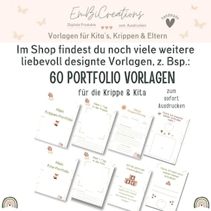 May include: A set of printable portfolio templates for children in daycare or preschool. The templates feature a fox illustration and text in German that says "Mein Krippen-Portfolio" and "Mein Kita-Portfolio".