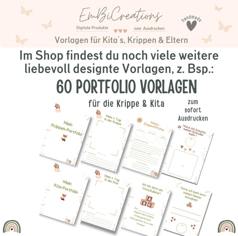 May include: A set of printable portfolio templates for children in daycare or preschool. The templates feature a fox illustration and text in German that says "Mein Krippen-Portfolio" and "Mein Kita-Portfolio".