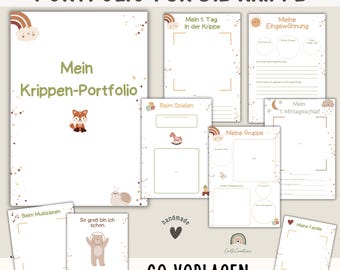 Op de afbeelding: Een verzameling afdrukbare portfolio-pagina's voor een kinderdagverblijf of kleuterschool. De pagina's bevatten illustraties van een vos, beer en andere schattige afbeeldingen. De tekst op de pagina's bevat "Mein Krippen-Portfolio" en "60 Vorlagen zum sofort Ausdrucken".