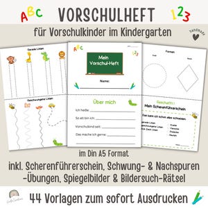 Könnte beinhalten: Ein Satz druckbarer Vorschulhefte mit farbenfrohen Illustrationen und Übungen zum Nachzeichnen. Die Hefte beinhalten gerade und geschwungene Linien, Formen und Scherenübungen. Der Text auf dem Cover lautet "Vorschulheft" und "Mein Vorschul-Heft".