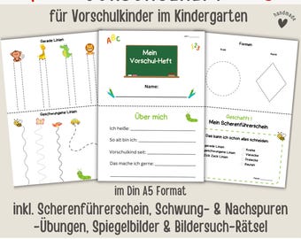 May include: A set of printable preschool workbooks with colorful illustrations and tracing exercises. The workbooks include straight and curved line tracing, shape recognition, and scissor skills practice. The text on the cover reads "Vorschulheft" and "Mein Vorschul-Heft".