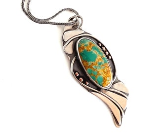 Kingman Turquoise - Art Nouveau Inspired - Botanical - Sterling and Copper Pendant, Necklace - Metalsmith - Rachel M Post